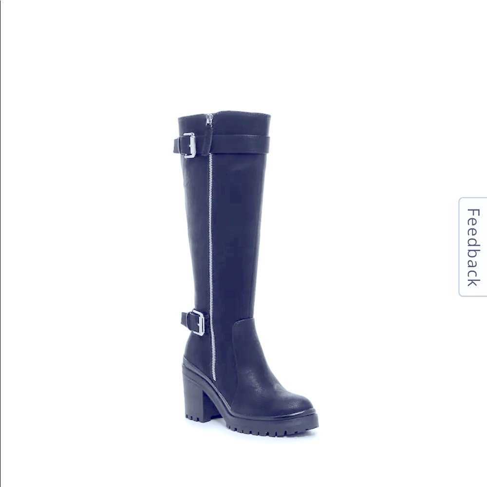 Knee high secondhand decorative buckles & outside zipper lifted by chunky heel